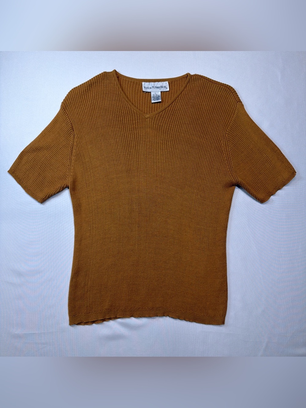 Norton McNaughton Women's V-Neck Short-Sleeve Ribbed Sweater - Mustard Size L